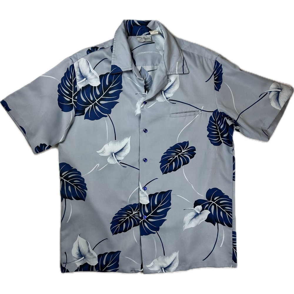 Mark Raysten Division of Malihini Mens Grey Navy Monstera Hawaiian Shirt L